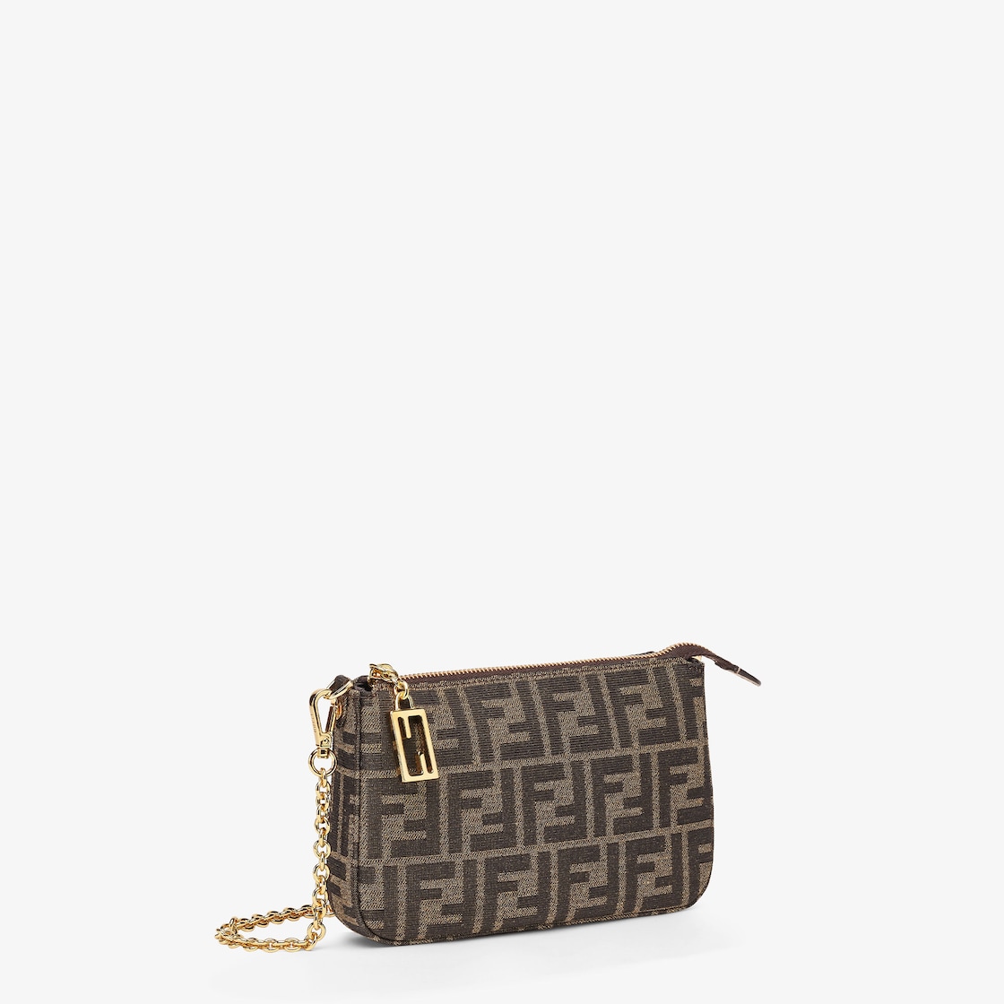 FENDI Baguette Pouch Brown jacquard FF fabric clutch with chain - Image 6